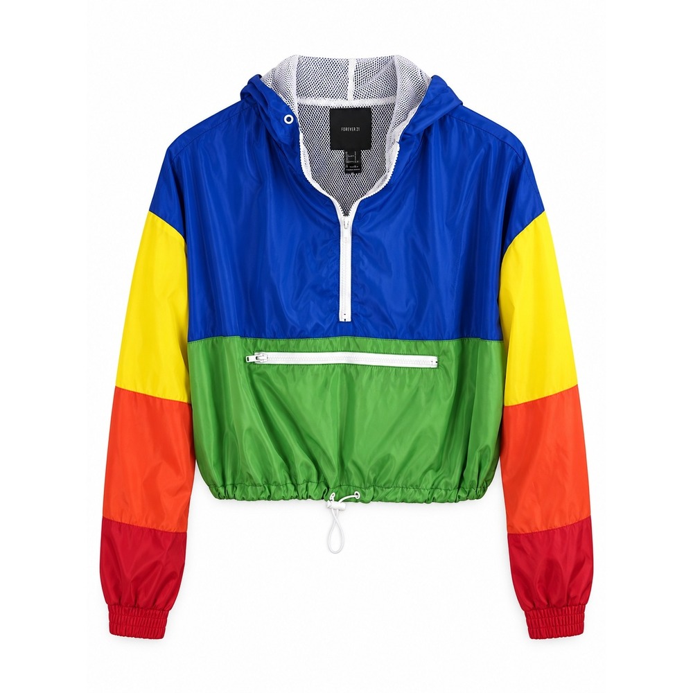 Forever 21 Women's L Colorblock Cropped Windbreaker Hooded Anorak Y2K